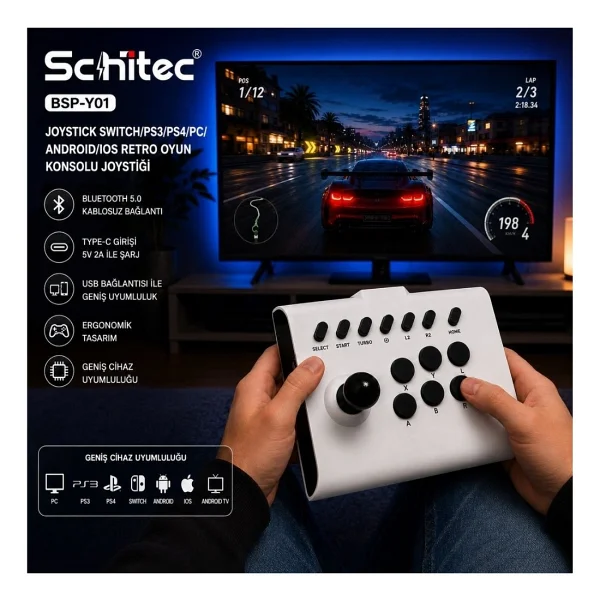 Schitec Bsp-Y01 Joystick N-Switch/PS3/PS4/PC/Android/İos/TV Retro Oyun Konsolu Joystick Beyaz - Görsel 3