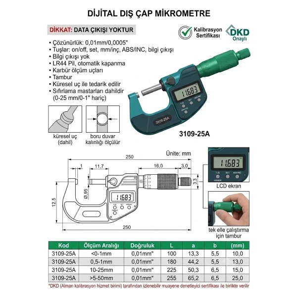 Insize 3109-25A Dijital Dış Çap Mikrometre - Görsel 2