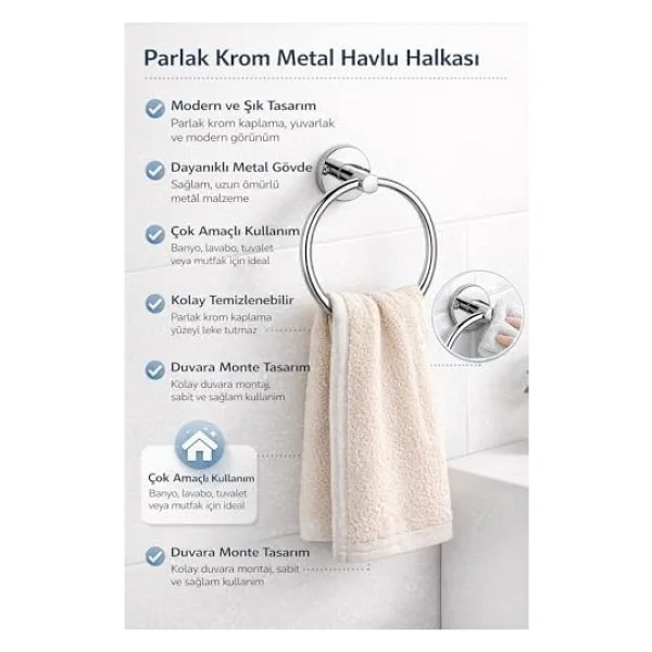 Yuvarlak Havlu Halkası Krom Kaplama, Duvara Monte Yuvarlak Banyo Havluluk, Dayanıklı Metal El Havlusu Askısı, Modern Parlak Krom Tasarım, Paslanmaya Dayanıklı Banyo Aksesuarı - Görsel 2