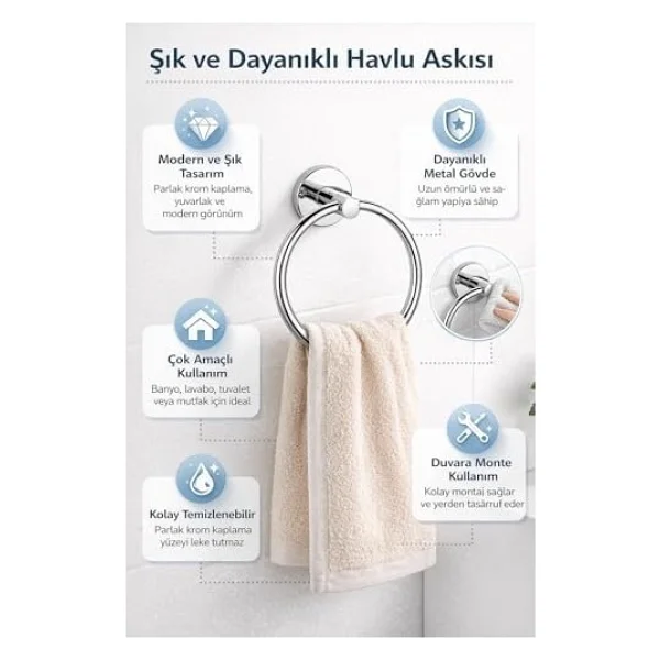Yuvarlak Havlu Halkası Krom Kaplama, Duvara Monte Yuvarlak Banyo Havluluk, Dayanıklı Metal El Havlusu Askısı, Modern Parlak Krom Tasarım, Paslanmaya Dayanıklı Banyo Aksesuarı - Görsel 3