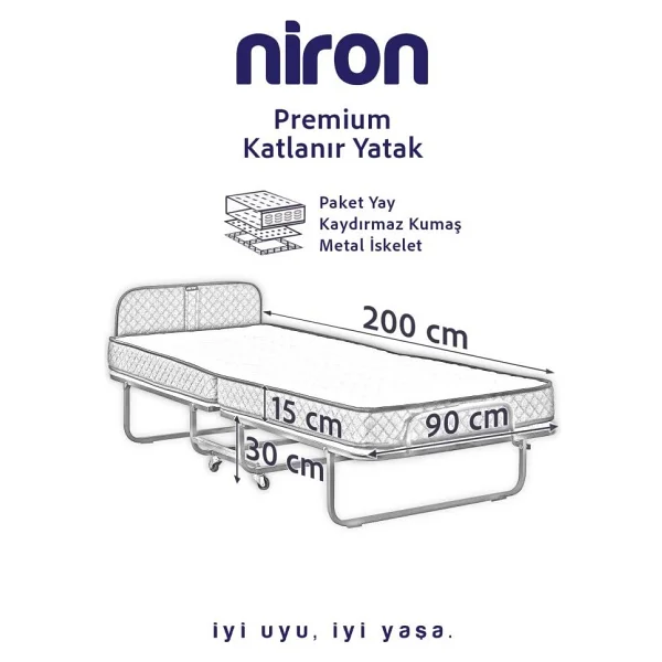 Niron Yatak Niron Premium Katlanır Yatak 90x200 Cm Paket Yaylı Lüks Yatak Ve Kaydırmaz Kumaş Kaplı Karyola - 90 X 200 Cm - Gri - Görsel 5