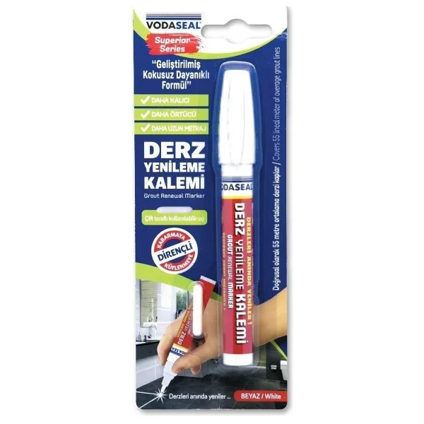 Vodaseal Çift Uçlu Su Bazlı Kokusuz Kalıcı Derz Kalemi Beyaz - Görsel 2
