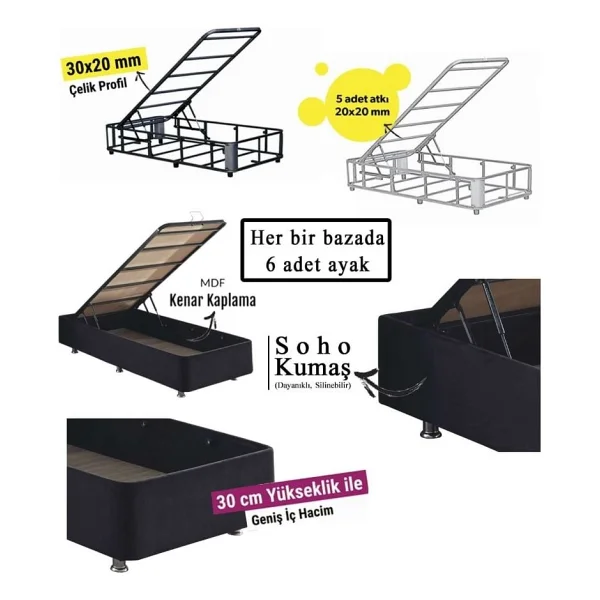 Niron Juliette 120x200 Bir Buçuk Kişilik Lüks Yatak Seti - Siyah Kumaş Baza, Başlık Ve Yatak Takımı - Görsel 7