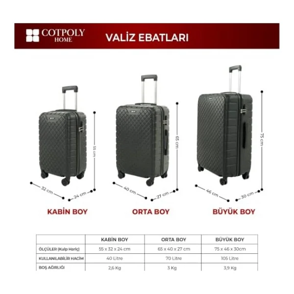 Cotpoly Diamond 3'lü Seyahat Bavul Seti, Abs Valiz Seti (Siyah-Üçlü Set) - Çok Renkli - Görsel 4