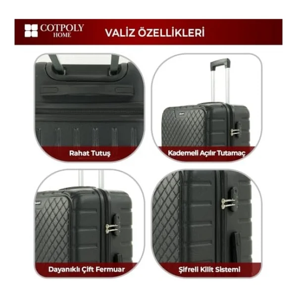 Cotpoly Diamond 3'lü Seyahat Bavul Seti, Abs Valiz Seti (Siyah-Üçlü Set) - Çok Renkli - Görsel 5