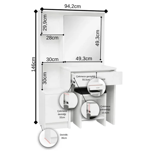 Aeka Ae-4002 Novella Puflu Aynalı Makyaj Masası, Dolaplı, Çekmeceli, Raflı, Beyaz, Minderli, Tuvalet - Görsel 2