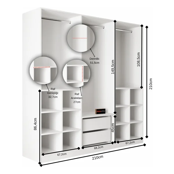 Aeka Ae-2191 Hisar Beyaz/Beyaz Aynalı 6 Kapaklı Çok Bölmeli Askılı Ve Raflı Geniş Hacimli Gardırop 210x210 Cm - Görsel 3