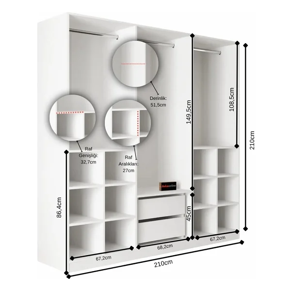 Aeka Ae-2191 Hisar Antrasit/Antrasit Aynalı 6 Kapaklı Çok Bölmeli Askılı Ve Raflı Geniş Hacimli Gardırop 210x210 Cm - Görsel 4
