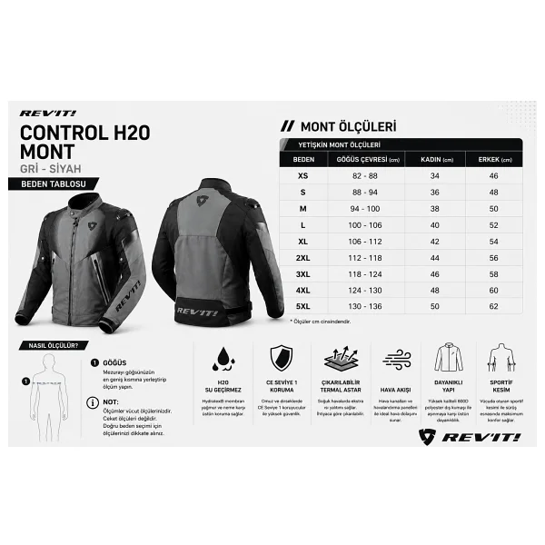 Revit Control H2o Su Geçirmez Motosiklet Montu Aa Sertifikalı Ce Korumalı Alc Motosiklet - Gri - Siyah - Görsel 5