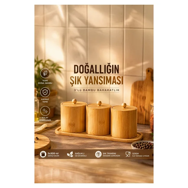 Porsima Pbt-604 Bambu Çok Amaçlı Standlı Saklama Kabı Organizer 4 Parça Baharat Seti Bambu - Görsel 6