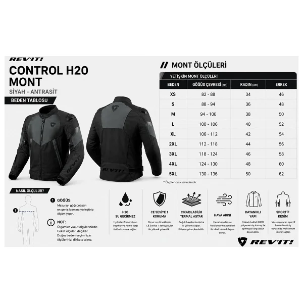 Revit Control H2o Su Geçirmez Motosiklet Montu Aa Sertifikalı Ce Korumalı Alc Motosiklet - Siyah - Antrasit - Görsel 5