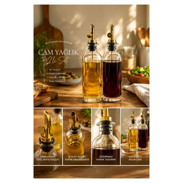 Porsima 3890 Gold Sızdırmaz Kapaklı Cam 2li Yağlık Sirkelik Yağdanlık Seti 500+500 Ml - Görsel 6