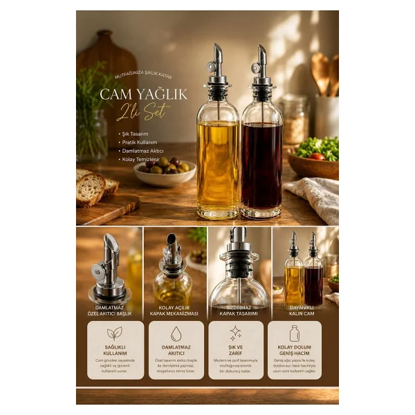 Porsima 3890 Gold Sızdırmaz Kapaklı Cam 2li Yağlık Sirkelik Yağdanlık Seti 500+500 Ml - Görsel 7