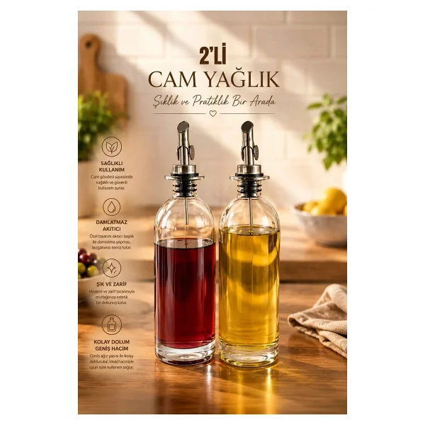 Porsima 3890-1 Gümüş Sızdırmaz Kapaklı Cam 2li Yağlık Sirkelik Yağdanlık Seti 500+500 ml - Görsel 6