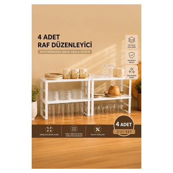 Porsima Org-02 4lü Raf Düzenleyici - Dolap İçi Düzenleyici Raf - Tabak Bardak Rafı - Raf Yükseltici - Görsel 5