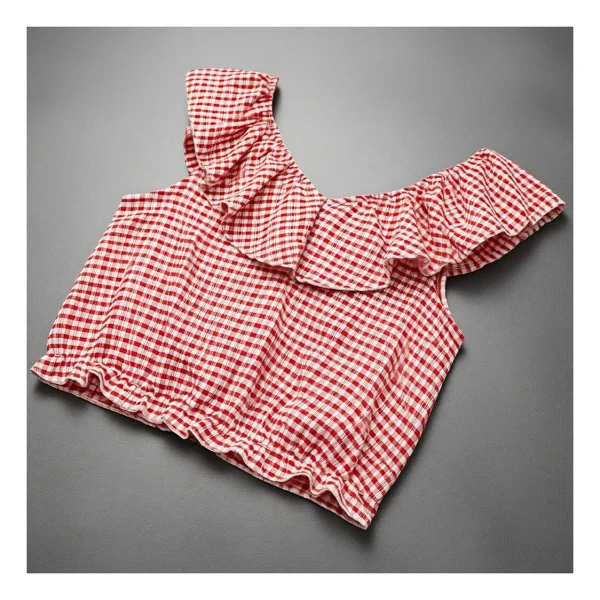 Koton Fırfırlı Kolsuz Düşük Omuz Ekoseli Crop Bluz - Kırmızı - 9 - 10 Yaş - Görsel 7