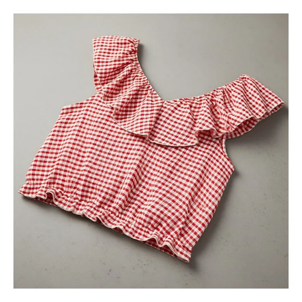 Koton Fırfırlı Kolsuz Düşük Omuz Ekoseli Crop Bluz - Kırmızı - 11 - 12 Yaş - Görsel 7