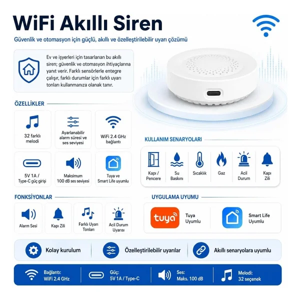 Wi-Fi 100 Db Akıllı Siren Alarm ( Tuya - Smart Life Uyumlu) - Görsel 4