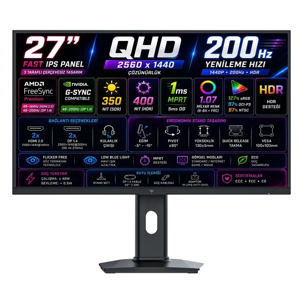 Ktc H27t7p 27" 1 Ms 2k Pivot Ips 200 Hz / 210 Hz Oc Oyuncu Monitörü - Görsel 6