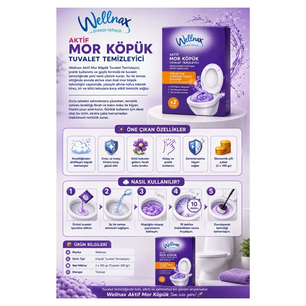 Wellnax Aktif Mor Köpük Tuvalet Klozet Temizleyici 2x100 Gr - Görsel 2