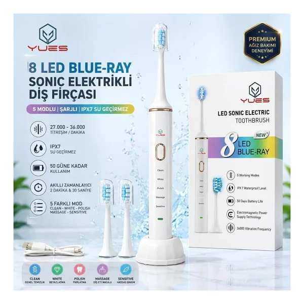 YUES 8 LED Mavi Işıklı Sonic Elektrikli Beyazlatıcı Diş Fırçası, Şarjlı Diş Fırçası, 5 Temizlik Modlu, IPX7 Su Geçirmez, 27.000-36.000 Titreşim/Dakika, 50 Gün Kullanım, 2 Yedek Başlık, Şarj Standı - Görsel 2