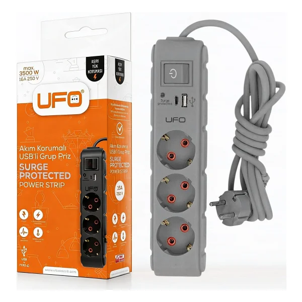 Ufo Yeni 3lü Akım Korumalı Grup Priz 0,5 Metre Bakır Kablolu, 5V 2,4A USB ve Type-C ile Şarj, Anahtarlı Topraklı Priz, Sürekli Koruma, 16A 250V, Max 3500W Aşırı Yük Koruması, 0,5m. Gri Renk - Görsel 2