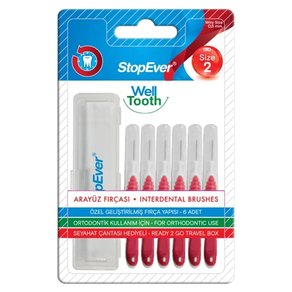 Stopever Well Tooth Arayüz Fırçası, Kırmızı - Size 2 0.5 Mm İnce Telli Diş Arası Fırçası, Taşıma Kutusu Hediyeli Ortodontik Kullanıma Uygun 6 Adet - Görsel 2