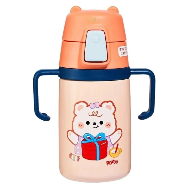 Rovco 400ml Silikon Pipetli Sevimli Ayıcıklı Boyun Askılı Bebek Kulplu Paslanmaz Çelik Termos (Turuncu) - Görsel 2