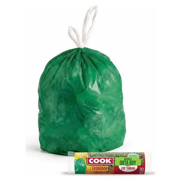 Cook Eko Büzgülü Çöp Torbası, Orta Boy, 55 X 57 Cm, 30 Yaprak, Çam Kokulu, Yeşil - Görsel 3