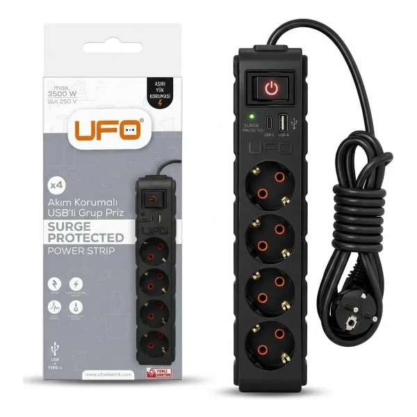 Ufo Yeni 4lü Akım Korumalı Grup Priz 5 Metre Bakır Kablolu, 5V 2,4A USB ve Type-C ile Şarj, Anahtarlı Topraklı Priz, Sürekli Koruma, 16A 250V, Max 3500W Aşırı Yük Koruması, 5m. Siyah Renk - Görsel 2