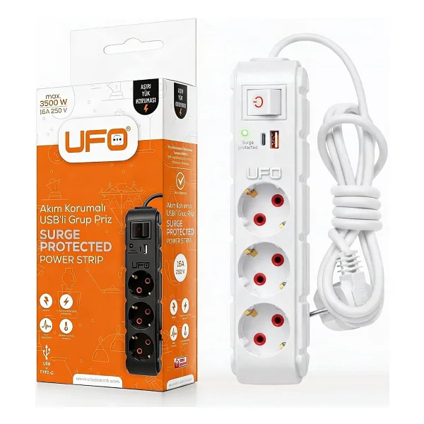 Ufo Yeni 3lü Akım Korumalı Grup Priz 0,5 Metre Bakır Kablolu, 5V 2,4A USB ve Type-C ile Şarj, Anahtarlı Topraklı Priz, Sürekli Koruma, 16A 250V, Max 3500W Aşırı Yük Koruması, 0,5m. Beyaz Renk - Görsel 5