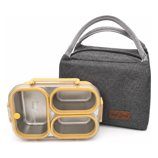 Valkyrie 304 Paslanmaz Çelik 3 Bölmeli Sarı Lunch Box Termal Çantalı - Sızdırmaz Kapaklı Beslenme Kabı, - Görsel 2