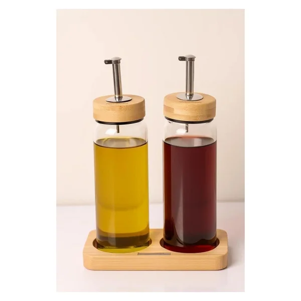 Bambu Kapaklı Cam Yağlık & Sirkelik Seti - 2'li Standlı 300ml - Görsel 2
