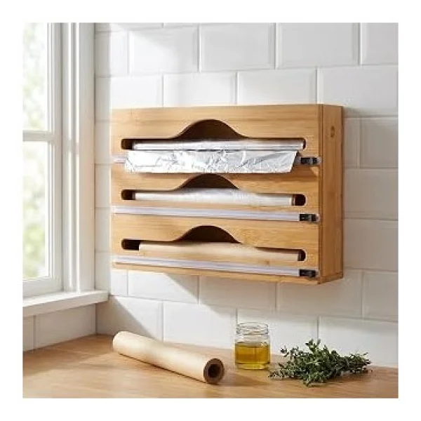 Deconox 3 Bölmeli Doğal Bambu Folyoluk Ve Streç Film Kesici Organizer - Sürgülü Bıçaklı Çekmece İçi Düzenleyici Pişirme Kağıdı Ve Alüminyum Folyo Standı Mutfak Organizeri (35,5 X 22 X 7 Cm) - Görsel 2