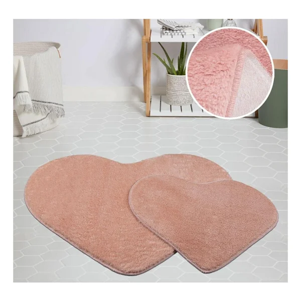 My Evilla Modern Dekoratif Halı Jel Kaymaz Taban Peluş Puffy Kalp Model Pembe Paspas Takımı 70x100-70x60 - Görsel 2