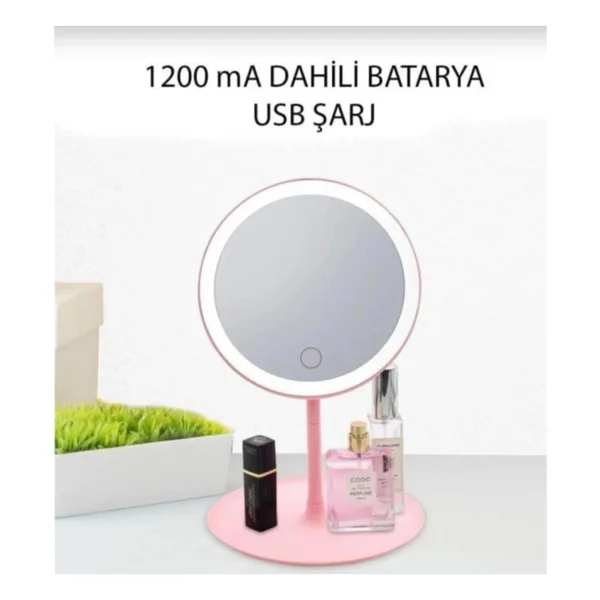 Dokunmatik LED Işıklı USB Li Yuvarlak Masa Üstü Makyaj Aynası Makyaj Aynası Ledli Beyaz - Görsel 4