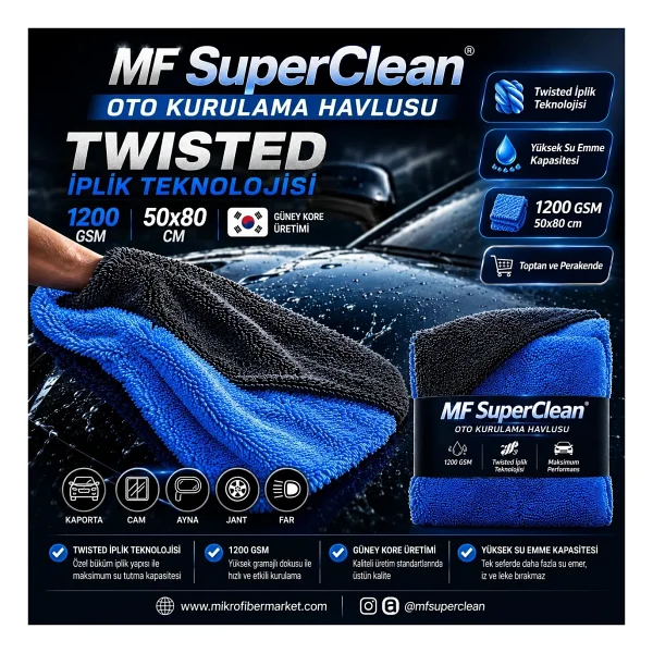 Mf Superclean Duo Twist Oto Kurulama Havlusu - Çift Katli - 50x80 Cm - 1200 Gsm - Görsel 6