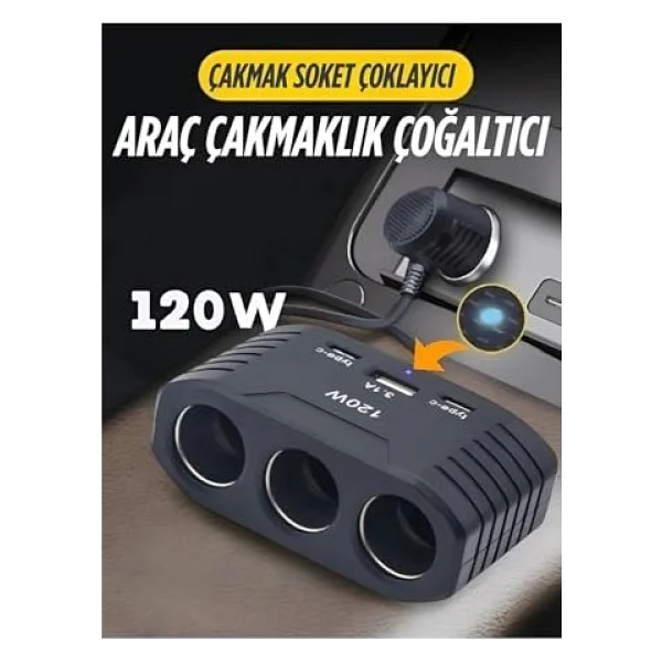 3 Lü Çakmak Soketi 120w Çakmaklık Çoğaltıcı 2 USB 1 Type-C Araç Şarj Cihazı Çakmak Çoklayıcı - Görsel 6