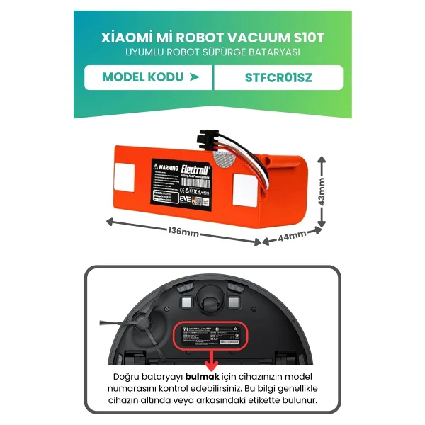 Electroll Xiaomi Mi Robot Vacuum S10T Uyumlu Batarya (ULTRA YÜKSEK KAPASİTE) 6400MAH Pil Robot Süpürge Batarya - 1 Adet - Görsel 4