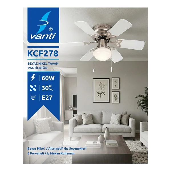 Vanti Kcf 278 Beyaz Nikel 6 Kanatlı Avizeli Tavan Vantilatörü - Görsel 3
