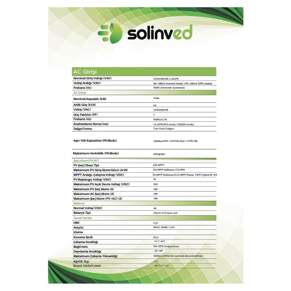 Solinved Gordion 12 Kw Mppt 48 V Off-Grid Monofaze Akıllı Inverter - Görsel 3