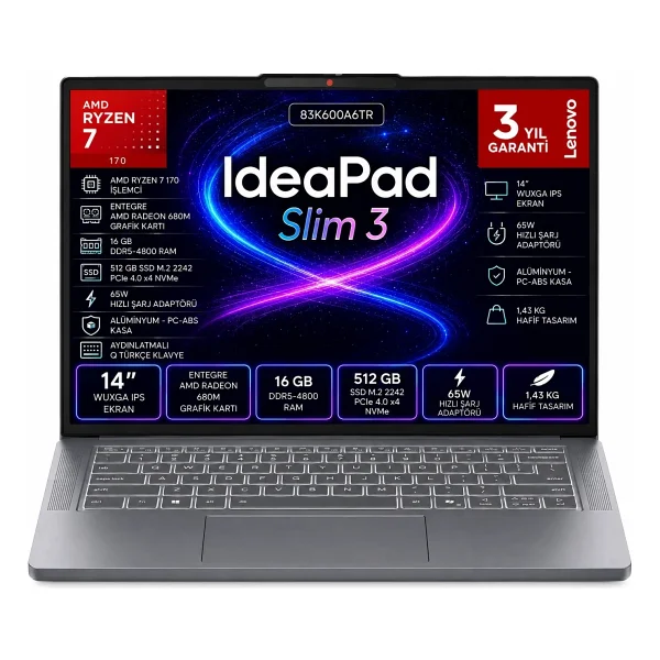 Lenovo Ideapad Slim 3 14arp10 83k600a6tr Ryzen 7 170 16 GB 512 GB SSD Radeon 680m 14" Wuxga Notebook - Görsel 8