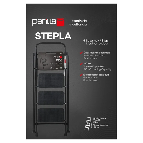 Perilla 51404 Stepla Geniş 4 Basamaklı Katlanır Merdiven Eurotower Siyah - Görsel 2