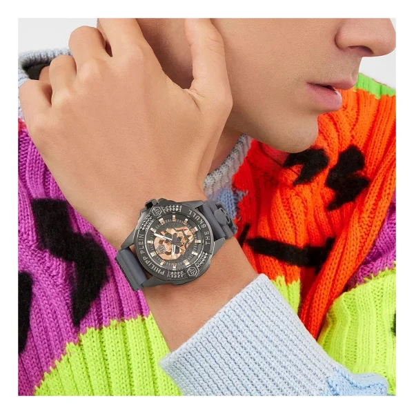 Philipp Plein The Skull PWAAA2324 Silikon Kordon Gri-Rose Gold Erkek Kol Saati - Görsel 3