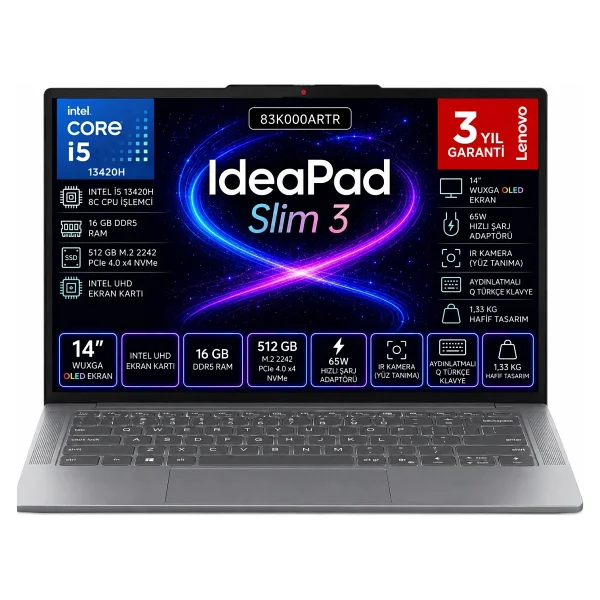 Lenovo Ideapad Slim 3 14ırh10 Intel Core I5 13620h 16 GB 512 GB SSD Freedos 14 Inç OLED 83k000artr - Görsel 8