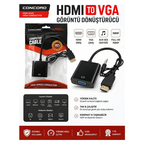 Concord Hdmi To Vga Kablo Monitör TV Çevirici Dönüştürücü Kablo + Ses Kablo Destekli - Görsel 6