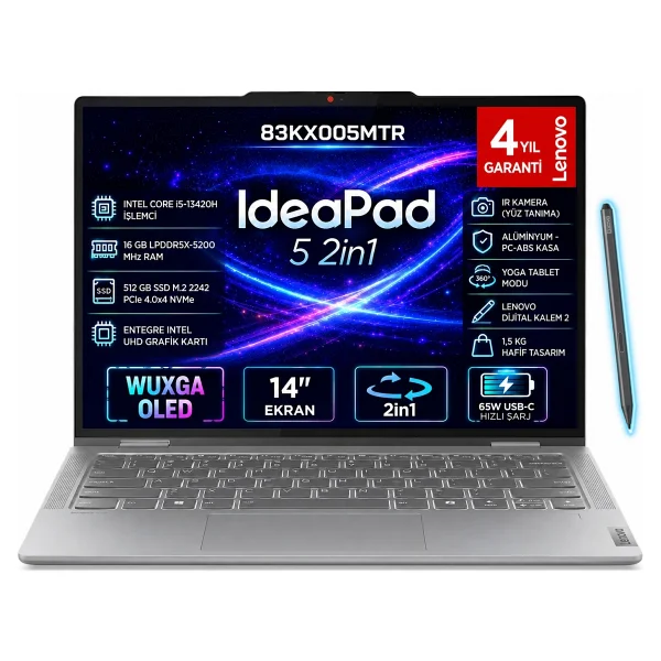 Lenovo Ideapad 5 2-İn-1 14ırh9 83kx005mtr İ5-13420h 16 GB 512 GB SSD UHD Graphics 14" Free Dos Wuxga İkisi Bir Arada Notebook - Görsel 7