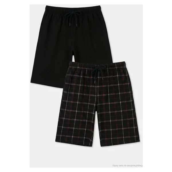 Buratti Pamuklu Regular Fit Bağlamalı Cepli 2'li Pijama Paket Şort Erkek Şort 6574004s2 Lacivert-Siyah-Bordo - Görsel 5