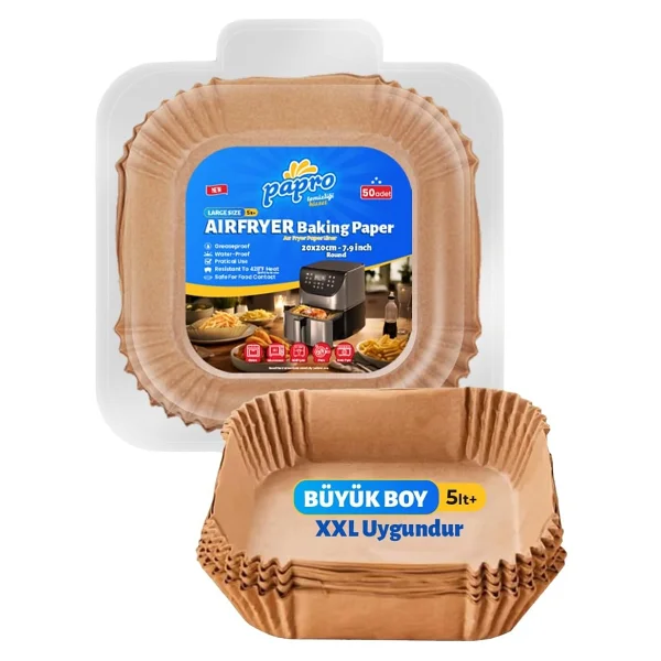 Papro Airfryer Pişirme Kağıdı, Fritöz Yağlı Kağıdı, Yanmaz Kağıt XXL Uyumlu 50 Adet (Kare) (1, Kare Büyük Boy 20x20) - Görsel 6