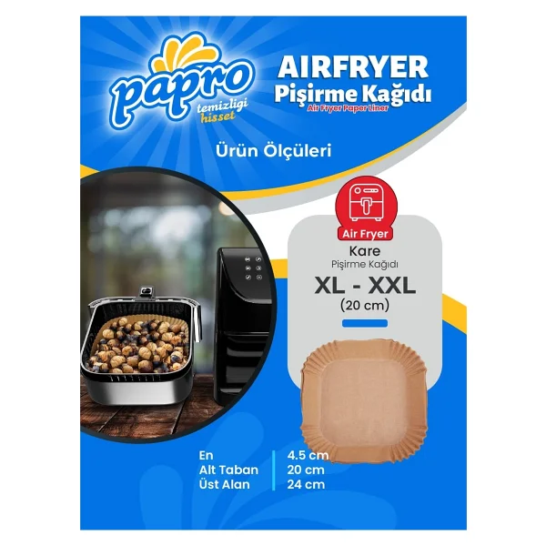 Papro Airfryer Pişirme Kağıdı, Fritöz Yağlı Kağıdı, Yanmaz Kağıt XXL Uyumlu 50 Adet (Kare) (1, Kare Büyük Boy 20x20) - Görsel 2